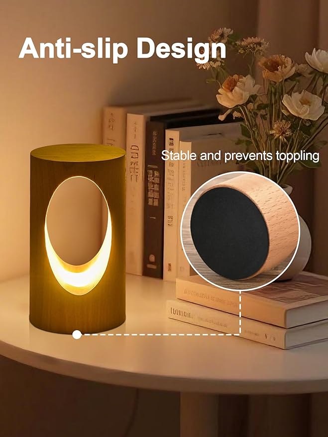 WLHONG LED Night Light, Wood Small Lamp 3000K Dimmable, Cylinder Bedside Lamps for Bedroom, Portable Desk Lights for Home Dorm Office Ambient Lighting, Unique Home Decor Housewarming Gift
