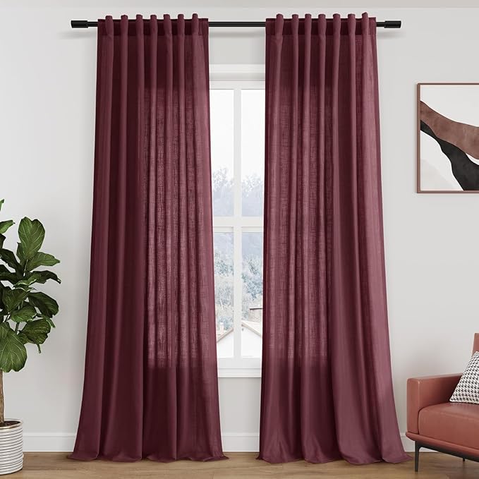Nanspring Burgundy Linen Curtains for Living Room 94 Inches Long Light Filtering Semi Sheer Curtain Back Tab Vintage Boho Decor Elegant Luxury Drapes for Bedroom Dinner Room 52x94, 2 Panels