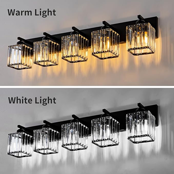 Black Crystal Bathroom Lighting Fixtures, 5 Light Modern Crystal Bathroom Vanity Lights Over Mirror, Wall Light Bathroom Light Fixtures