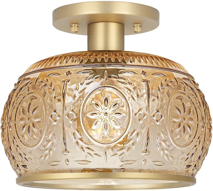Brushed Brass Semi Flush Mount Ceiling Light with Amber Globe Glass Shade, Modern Hallway Lighting Fixtures, Vintage Ceiling Light for Kitchen, Bedroom, Closet, Entryway, Porch