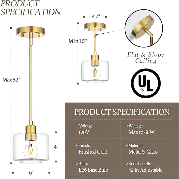 Brushed Gold Pendant Lights Kitchen Island 2 Pack, Modern Clear Glass Hanging Light Fixtures with Rods, Mini Kitchen Pendant Lighting Over Island for Sink Bathroom, OS-YQ8153-2PBGC