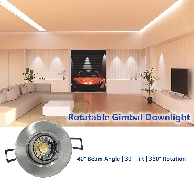 POPANU Premium Canless Recessed Gimbal Downlight Rotatable-Spotlight 5 CCT Eyeball Ceilling Potlight, Dimmable Lights Fixture with Junction Box, 8W CCT Adjustable (Brushed Nickel, 3 Inch)