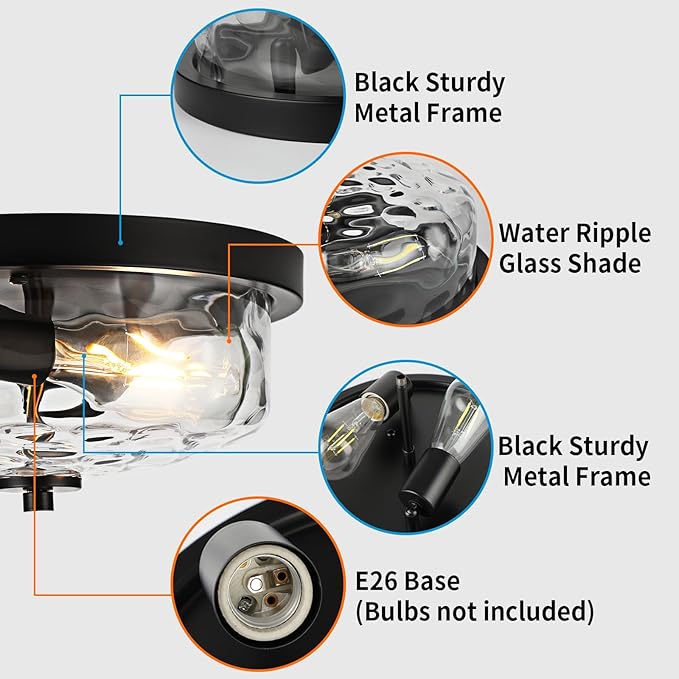 Black Flush Mount Ceiling Light, Farmhouse Hallway Light Fixtures with Water Ripple Glass Shade 2-Light Outdoor Flush Mount Lights for Porch Ceiling, Kitchen, Foyer, Entryway, Dining Room