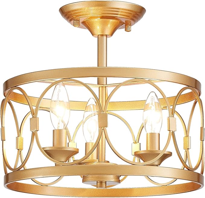 LOOYD 3-Light Semi Flush Mount Ceiling Light Fixture, Farmhouse Ceiling Light for Kitchen Bedroom, Living Room, Kitchen, Hallway (Gold)