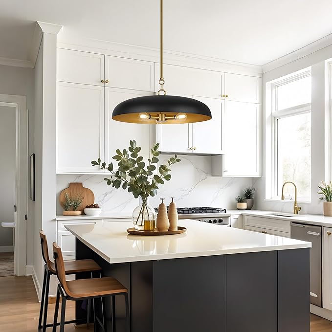 19.7 Inch Extra Large Pendant Light, 3-Light Black and Gold All Metal Pendant Lighting Fixture, Oversized Modern Dome Chandelier Ceiling Hanging for Kitchen Island Dining Room Living Entryway