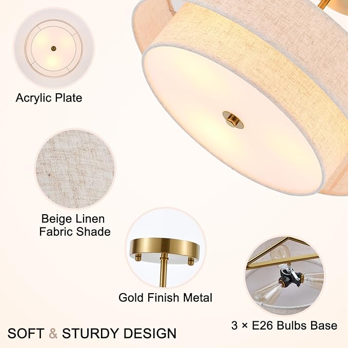 Semi Flush Mount Ceiling Light, 18" Gold Drum Ceiling Light Fixture, 3-Light with 2-Tier Beige Linen Fabric Shade, Modern Farmhouse Close to Ceiling Light for Bedroom, Kitchen, Hallway