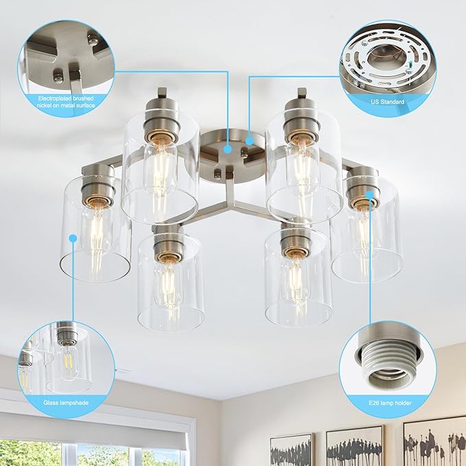 6 Light Semi Flush Mount Ceiling Light Modern Brushed Nickel Ceiling Light Fixtures Kitchen Lighting Fixtures Cieling with Clear Glass Shade for Kitchen Bedroom Living Room Dining Room