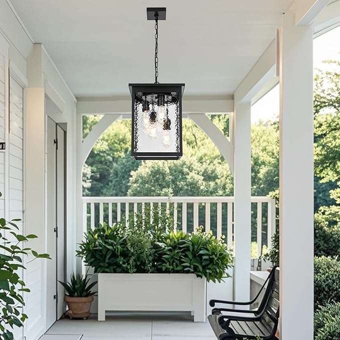 16.7'' Outdoor Pendant Lights for Porch, 4-Lights Black Exterior Pendant Light with Hammer Glass, Outdoor Porch Light Ceiling Mount Outdoor Hanging Light Fixture for Gazebo, Patio, Entryway
