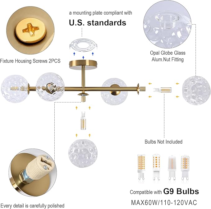 Gold Brass Globe Vanity Light - Vintage 5-Lights Wall Sconce - Sphere Round Lights Fixture with Hammered Clear Glass Shade - Mid Century Modern Sconces for Bathroom Bedroom Living Room Entryway Porch