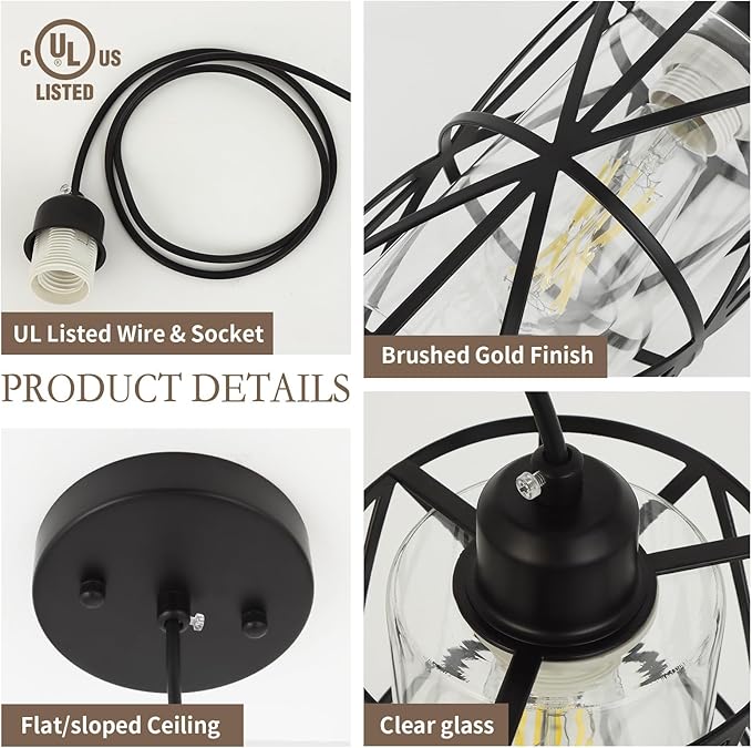 Black Pendant Lights Kitchen Island, Pendant Light with Clear Glass Shade, Modern Kitchen Lights, Hanging Light Fixture for Kitchen Island, Foyer, Dining Room, Entryway