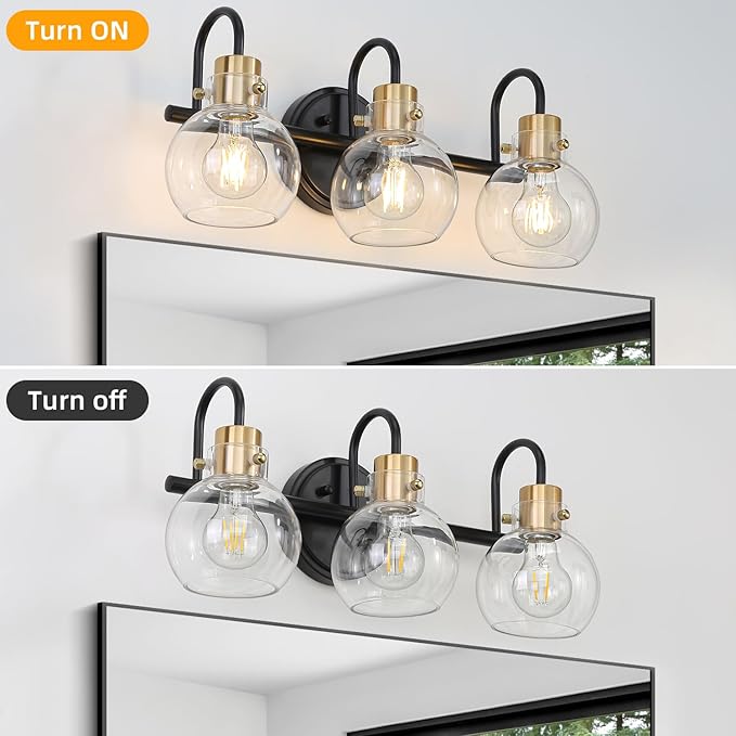 3 Lights Bathroom Light, Black Gold Vanity Light Fixture, Wall Sconces with Globe Clear Glass Shade, Farmhouse Wall Mount Lamp for Mirror, Kitchen, Porch, Living Room, Workshop