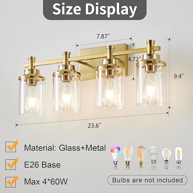 4 Light Brushed Brass Vanity Light Over Mirror, Gold Bathroom Fixtures, Vintage Wall Sconce With Clear Glass Shade, Brushed Gold Lights for Bathroom