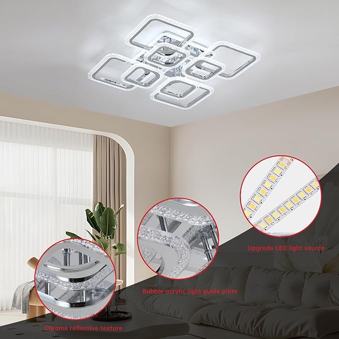 Modern Bedroom & Kitchen Ceiling Light, 80W Dimmable LED, 8 Squares, 3000-6000K, Chrome