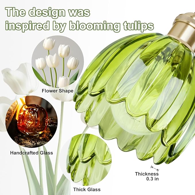 Vintage Bathroom Light Fixtures,3-Light Hardwired Vanity Lights with Green Tulip Glass Shade,Gold Bathroom Vanity Light for Mirror Restroom,E26 Socket,18.5 in(Bulbs Not Included)