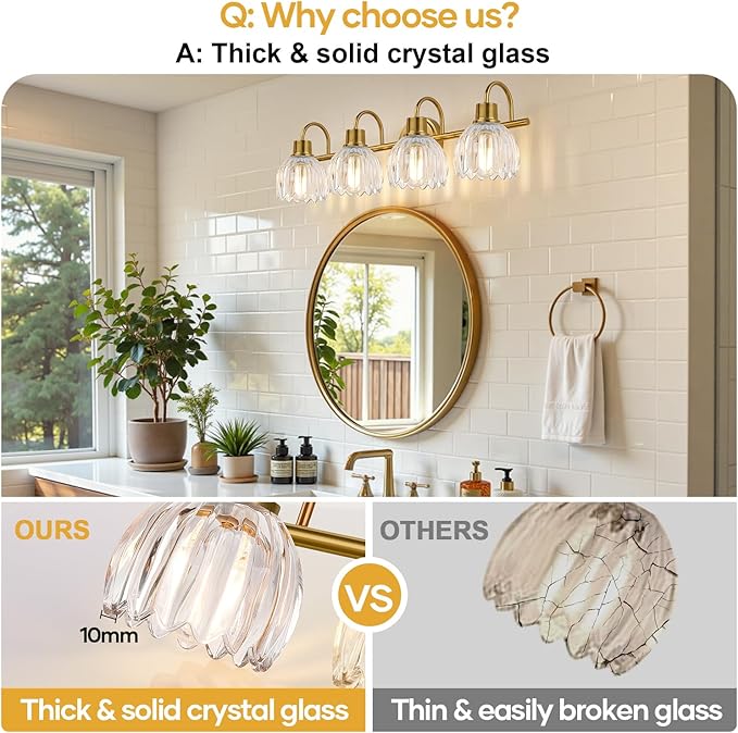 4-Light Bathroom Light Fixtures, 27" Brushed Gold Vanity Lights for Bathroom with Ribbed Clear Tulip Glass Shade, Vintage Bathroom Vanity Lighting Fixtures Over Mirror for Bedroom Living Room Hallway
