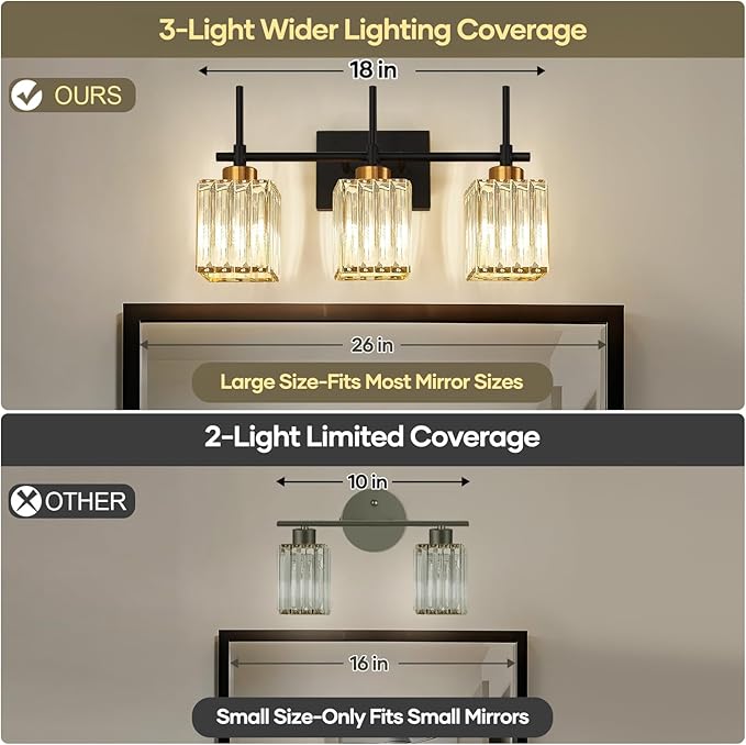 Torondo Modern Crystal 3-Light Vanity Lights for Bathroom Gold Bathroom Lights Over Mirror Black and Gold Vanity Lighting Fixtures Square Shade Brass Wall Sconce (Bulbs Not Include)