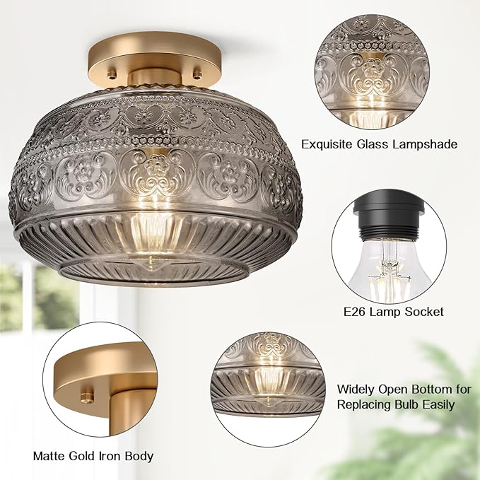 Semi Flush Mount Ceiling Light Fixture, 11" Vintage Gold Hallway Lights Fixture Ceiling with Grey Glass for Kitchen, Hallway, Bathroom and Entry Way,Compatible with E26 Light Bulb