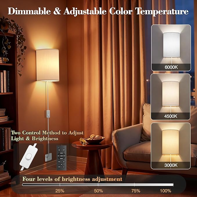 Plug in Wall Sconces Set of Two: Wall Lights with 7 RGB Colors - 3 Color Temperature Wall Mount Lamps with Remote - Fabric Linen Wall Sconc for Bedroom Living Room & Hallway- Indoor Corded Wall Sconce
