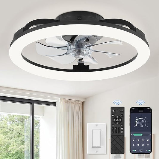 LEDIARY 20 Inch Low Profile Ceiling Fans with Lights and Remote, Dimmable Modern Fan Light(3000K-6000K), 6 Speed, Reversible, APP & Remote Control, Flush Mount Ceiling Fan for Bedroom, Black