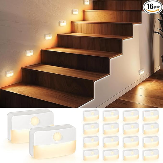Guankai 16 Pack Motion Sensor Stair Light for Indoor, Battery Operated Closet Lights, Stick on Anywhere Hallway Lamp, Portable Led Night Lamps for Bedroom Under Cabinet Kitchen
