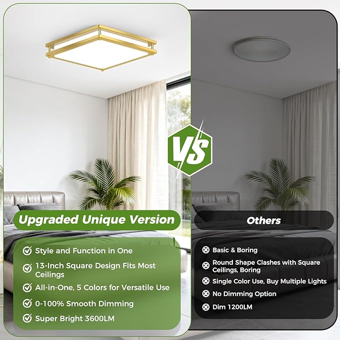13 Inch Gold Square LED Ceiling Lights for Bedroom Kitchen Bathroom, 36W Super Bright 3200LM Modern Flush Mount Light Fixture, 2700K-6500K Selectable Dimmable Close to Ceiling Double Ring Lamp, 1-Pack