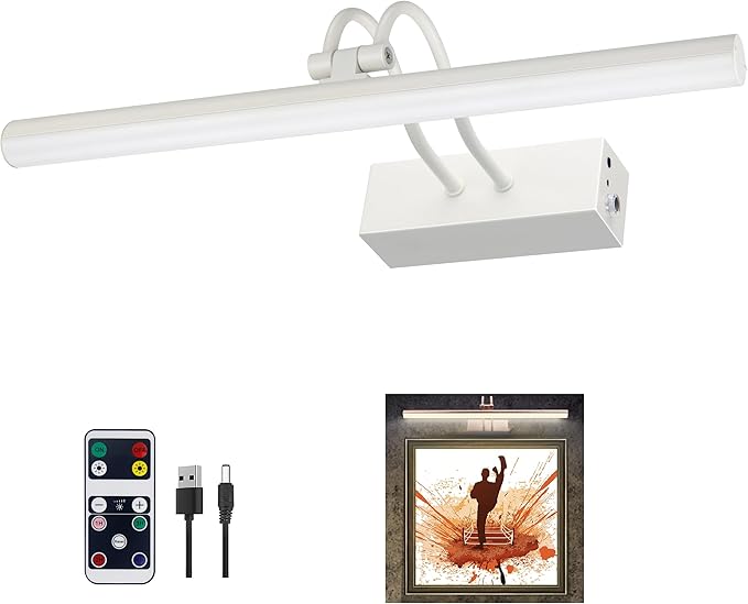 RAIFOOLLY Picture Light, Picture Lights for Wall Cordless, 16inch Picture Lights with Timer and Dimmable, Battery Wall Lights for Display Gallery Painting Art Frame Portrait - White Metal