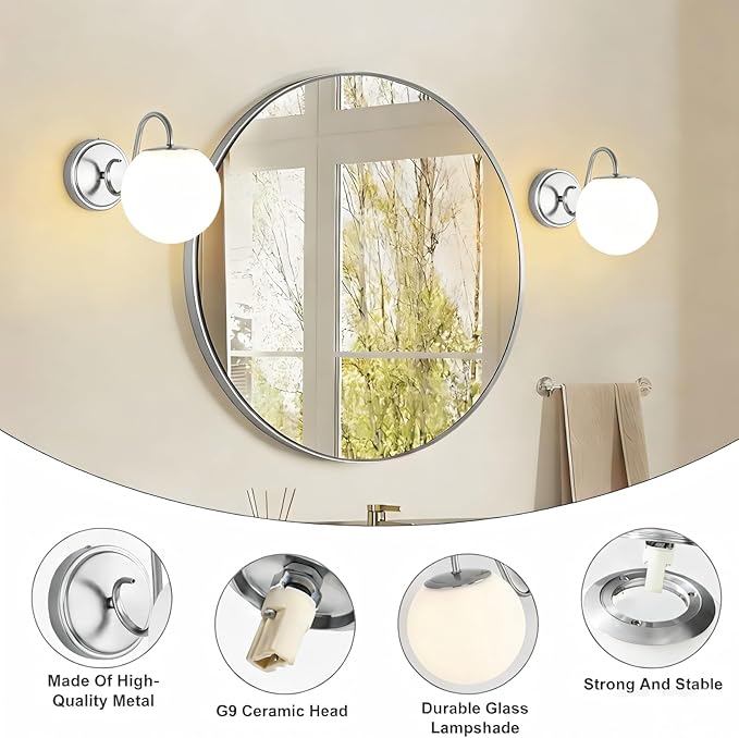 2-Pack Wall Sconce for Bathroom, Vintage Brushed Nickel Vanity Lights, Wall Mount Light Fixtures With Milk Glass Globe Shade, Indoor Wall Lights Fixture for Bedroom Living Room Mirror Hallway(G9 Incl)