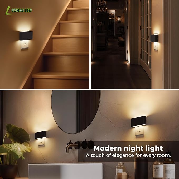 L LOHAS LED Night Light, 2 Pack Dimmable Modern LED Night Lights Plug into Wall,Dusk to Dawn Sensor Night Lights for Kid, 0-100LM 3000K Soft White Nightlight for Hallway Bedroom Stairway