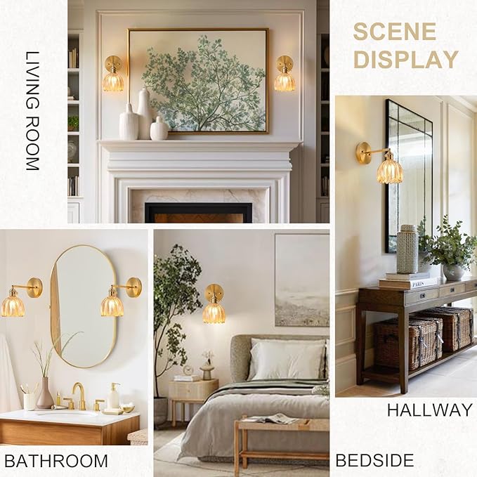 Wall Sconces Set of Two Hardwired, Vintage Sconce Light with Tulip Amber Glass Lampshade, Bathroom Wall Lights with Switch, Gold Wall Light Sconces Wall Decor Set of 2