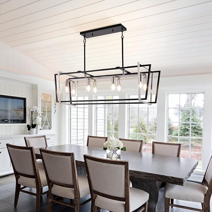 36" Dining Room Light Fixture/Chandelier Over Table, 8-Light Kitchen Island Lighting, Hanging for Farmhouse Linear Chandeliers, Black and Sliver Rectangle Chandeliers for Dining Room,E12 Socket