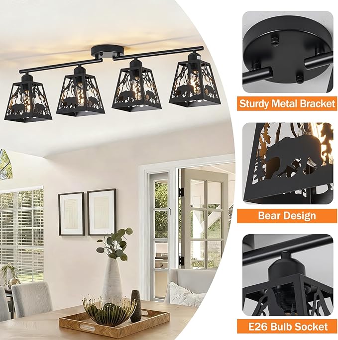 Rustic Flush Mount Ceiling Light - 4-Light Metal Fixture with Bear Design, Farmhouse Ceiling Lamp for Kitchen, Living Room, Bedroom, Dining Room, Entryway, Hallway (Bulbs not Included)