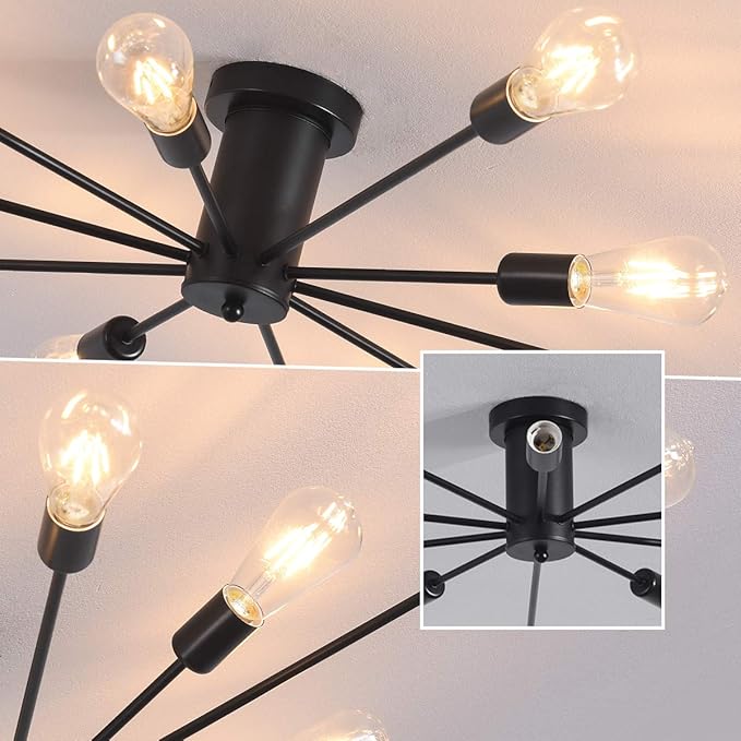 Garwarm Semi Flush Mount Ceiling Light, 10-Light Modern Black Sputnik Chandelier Industrial Ceiling Lamp for Kitchen Dining Room Living Room Bedroom Foyer Lighting Fixture