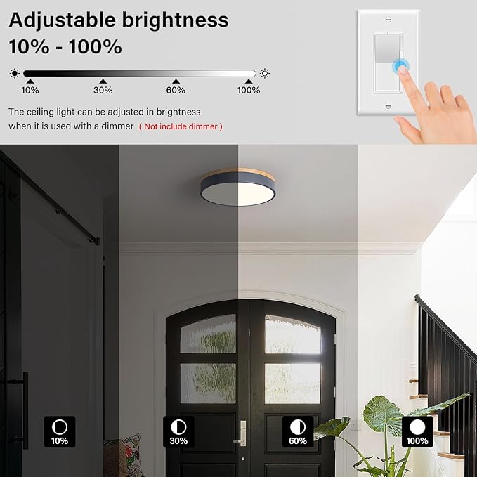 WOKNOS Dimmable Wood Oak Ceiling Light Fixture Modern Gray LED Flush Mount Ceiling Light 5CCT Minimalist Circle Close to Lighting Fixture for Bedroom Kitchen Bathroom Laundry Room 11.81 Inch