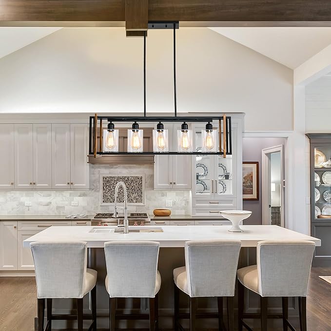 5-Light Black and Bronze Kitchen Island Lighting, Farmhouse Dining Room Light Fixtures Over Table, Linear Chandelier for Dining Room, Pool Table Pendant Light with Seeded Glass Shade