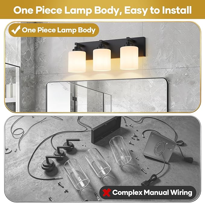Bathroom Vanity Light Fixture, 3-Light Matte Black Bathroom Light Fixtures Over Mirror with Milky White Glass Shades, Modern Vanity Lights for Bathroom Living Room Hallway (Bulbs Not Included)