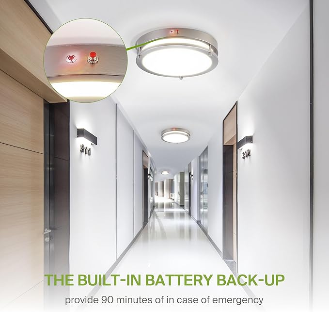 ASD LED 16" Round Flush Mount Lighting, Close to Ceiling Light Fixture | 3CCT, Dimmable, Battery Backup, ETL Listed | 24W 2116LM 3000-5000K 100-277V | Low Profile Double Ring Lamp | Nickel