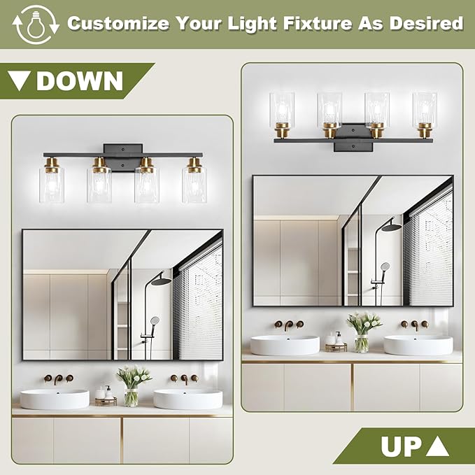 Unicozin Modern Bathroom Light Fixtures, 4 Light Vanity Lights Over Mirror, Black and Gold Wall Lamp with Clear Glass for Living Room Cabinet Bedroom Porch