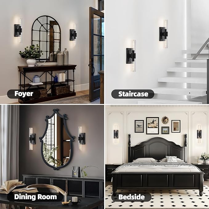 19" Modern Wall Sconce,2-Light Bathroom Vanity Light,Glass Tube Indoor Wall Sconce,Black Wall Light Wall Lamp for Bedroom, Mirror,Washroom, Hallway Hardwired Sconces Wall Lighting,E26 Base