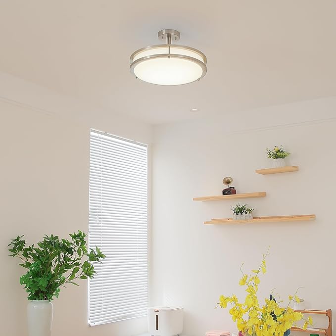 16 Inch LED Semi Flush Mount Ceiling Light, 24W Dimmable LED Ceiling Light, 1450LM Brightness, 4000K Neutral White, Brushed Nickel Lighting Fixture for Bedroom, Hallway, Kitchen, cETL Listed