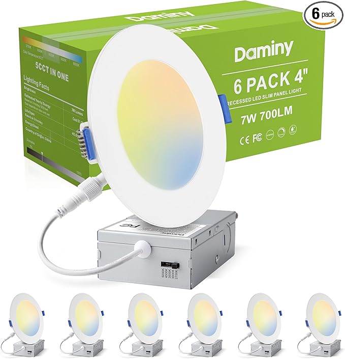 DAMINY 6 Pack 4 Inch LED Recessed Lighting with Junction Box,5CCT,Ultra-Thin Recessed Light,7W 700LM, Dimmable Canless Wafer Ceiling Light,High Brightness