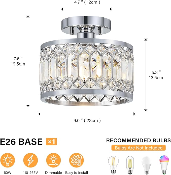 Crystal Ceiling Light Fixture, Modern Semi Flush Mount Ceiling Light, Chrome Lighting Fixtures Ceiling Lamp for Hallway, Kitchen, Entryway, Bedroom, Laundry Room, 9.05 Inch