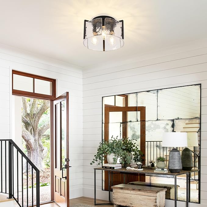 Modern 3-Light Semi Flush Mount Ceiling Light, Black Metal with Water Ripple Glass Shade, Farmhouse Close to Ceiling Light Fixture for Hallway, Bedroom, Kitchen, Living Room, Entryway