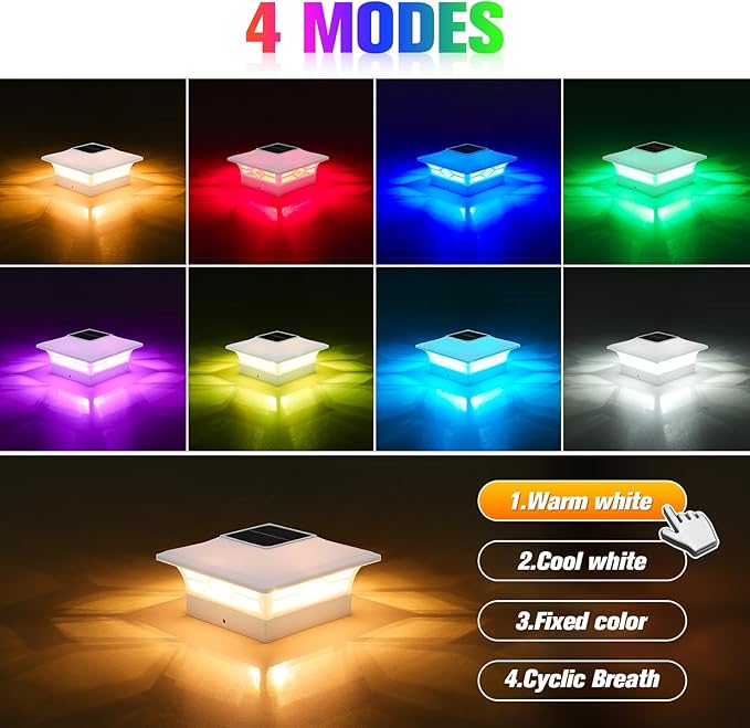 VOLISUN Solar Post Cap Light Outdoor Waterproof: RGB Color Changing - Solar Fence Cap Flashing Lights 8Pack White for 4x4 5x5 6x6 Wooden Vinyl Post