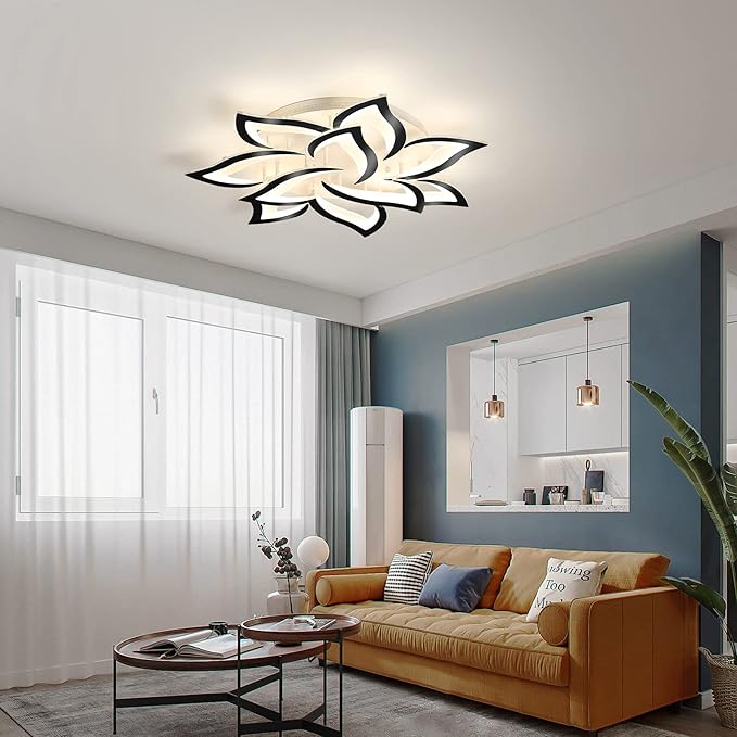 Garwarm Modern LED Ceiling Lights,Dimmable Flush Mount Ceiling Lamp Fixture, Black Petals Flower Shape Ceiling Light Chandelier Lighting for Bedroom Living Dining Room (72W, Black)