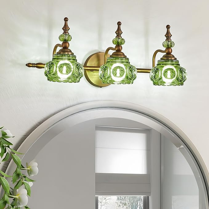 Vintage 3-Light Bathroom Vanity Light Fixtures, Modern Brass Vanity Wall Sconces Over Mirror with Green Glass Shade for Bathroom Bedroom Living Room