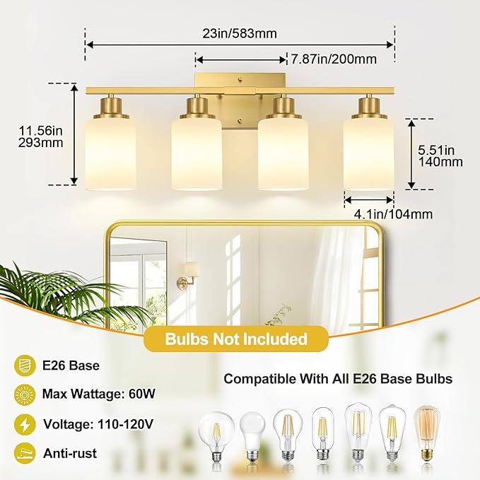 Indoi 4-Light Bathroom Light Fixtures, Brushed Gold Vanity Lights with Milk Glass Shades, Modern Bathroom Wall Lamp for Mirror Living Room Bedroom Porch