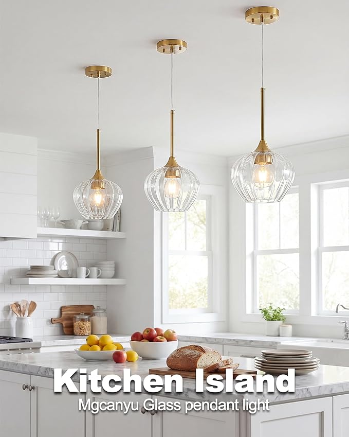2-Pack Glass Pendant Lights Kitchen Island, 7" Modern Gold Pendant Lighting Adjustable Hanging Light Fixtures for Kitchen, Dining Room, Bathroom, Bedroom