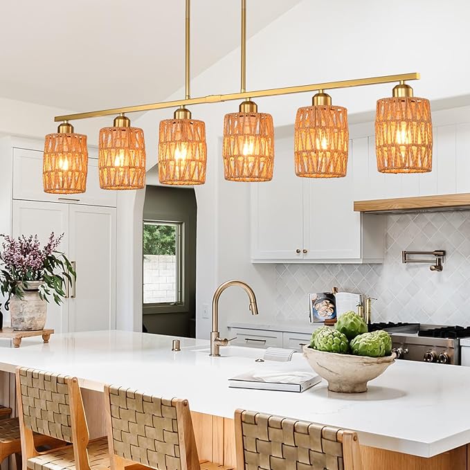 Rattan pendant lights for kitchen island,6-Light Boho Coastal Chandelier Gold,Bohemian Rustic Pendant Light Fixture for Dining Room,Height Adjustable,Farmhouse Woven Hanging Lights Over Table.