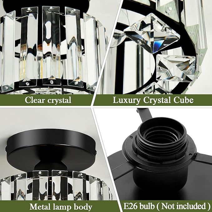 2 Pack Small Crystal Semi Flush Mount Ceiling Light Fixture Modern Black Mini Round Chandelier Metal E26 Ceiling Lamp for Hallway Bathroom Entryway Kitchen Closet