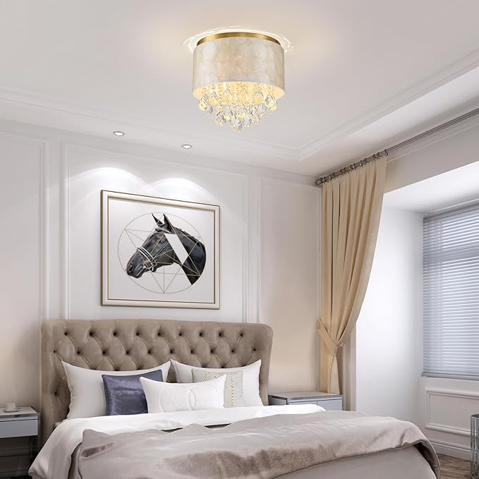 3-Light Capiz Shell Drum Crystal Ceiling Light, D12xH11 Inch, Coastal Design Close to Ceiling Flushmount Light Fixture for Dining Room, Bedroom, Kitchen, Shell Lampshade & Gold Finish Frame